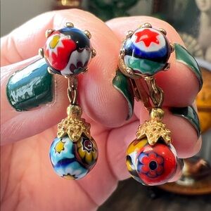 Vintage Murano Venetian Glass Millefiori Millefiore Dangle Clip-on Earrings